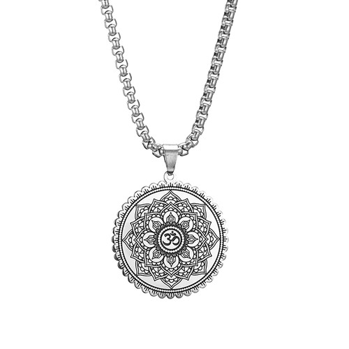 SIPURIS Lotus Flower Necklace for Men Women Om Ohm Symbol Yoga Buddhist Pendant Stainless Steel Vintage Mandala Pendant Necklace Spiritual Jewelry Gift (Sliver/Lotus)