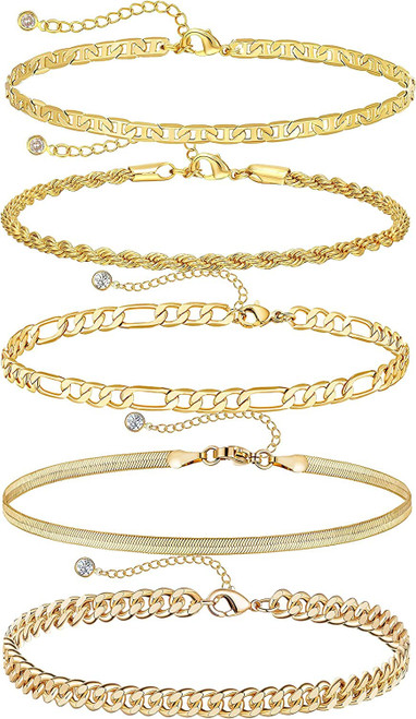 NECOCY Gold Ankle Bracelets for Women,14K Real Gold Plated Anklets Herringbone Figaro Flat Mariner Dainty Layered Anklet Set 3pcs Cute Summer Beach Chain Anklets for Women Teen Girls