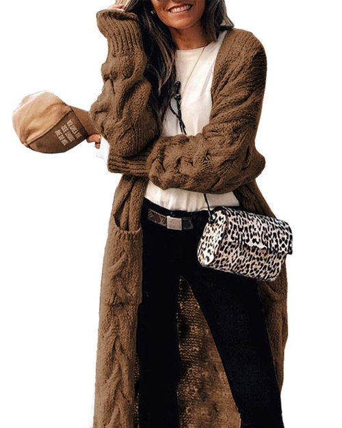 ZIWOCH Women's Long Cardigan Coats Cable Knit Casual Open Front Long Sleeve Loose Sweater with Pockets Brown