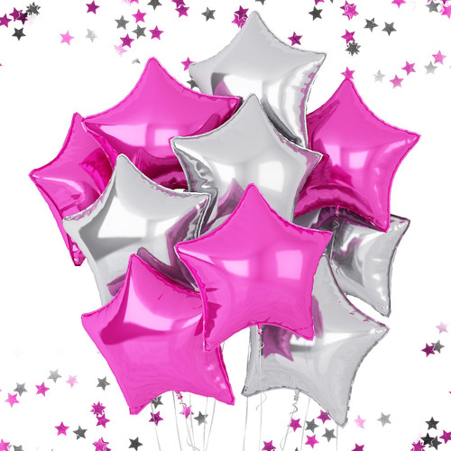 Hot Pink Star Balloons, 18 Inches Star Foil Balloons for Helium, 10 pcs Rose Red and Silver Helium Birthday Balloons, Party Foil Balloon Set for Birthday Graduation Wedding Party Decorations