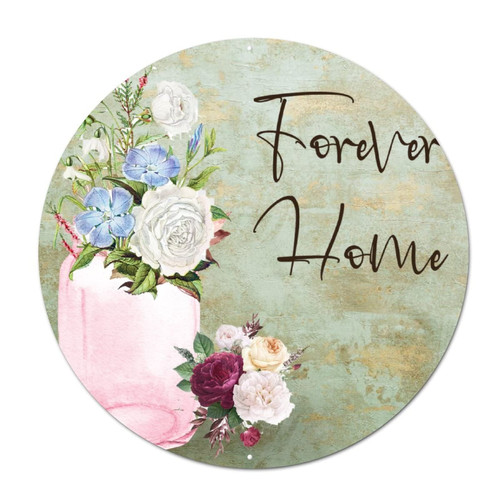 Welcome Sign Front for Door Forever Home Round Tin Sign White Blue Flower Metal Tin Sign Garden Art 12in Windproof Farmhouse Poster Plaque Decor for Home Bar Pub Kitchen Garage