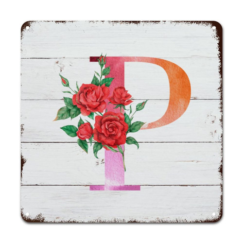 ArogGeld Initial Letter P Tin Sign Monogram Red Floral Metal Tin Sign Family Name Home Wall Decoration Flower Lover 12x12in Retro Poster Plaque Decor for Garage Man Cave Bar Kitchen