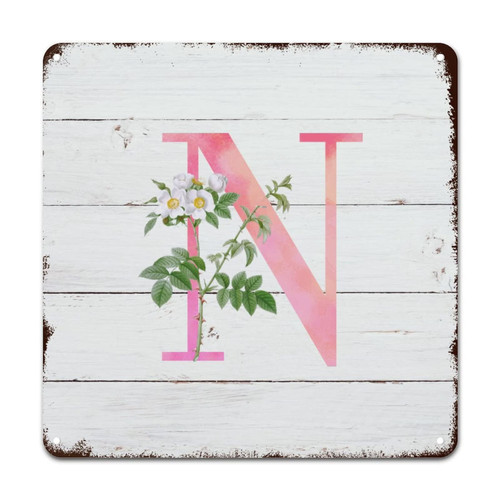 ArogGeld Monogram Initial N Pink Tin Sign Alphabet White Floral Metal Wall Art Metal Monogram Wall Art Home Decor Fresh Flowers 12x12in Vintage Wall Decor Art for Home Bar Pub Garage Road Man Cave