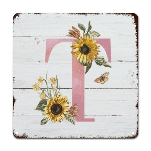 ArogGeld Monogram Initial T Pink Metal Sign Alphabet Sunflower Floral Aluminum Sign Metal Monogram Decorative Wall Art Spring Flower 12x12in Chic Wall Poster Decor For Home Kitchen Restaurant Man Cave