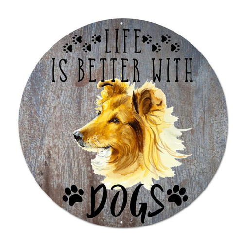 Bomehhjuli Welcome Sign Front Door Funny Dog Round Metal Sign Life is Better with Dogs Aluminum Sign Chihuahua Puppy Gifts Antique Metal Plaque for Home Bar Coffee Garage 9.2in