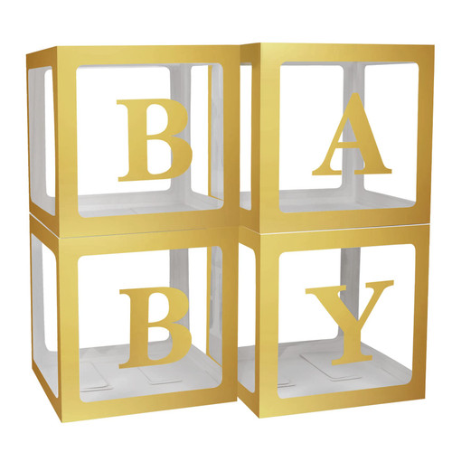 Baby Boxes with Letters for Baby Shower, 4 Transparent Balloon Boxes with 16 Letters for Boy & Girls Birthday, Gender Reveal Decorations and Wedding Party(Gold)
