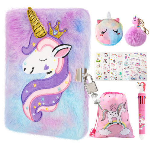 homicozy Kids Unicorn Diary with Lock and Key,Tie-Dye Fuzzy Journal for Girls Ages 6 And Up,Hardcover Notebook with 160 Pages,Cute Stationery Unicorn Gift for Girls