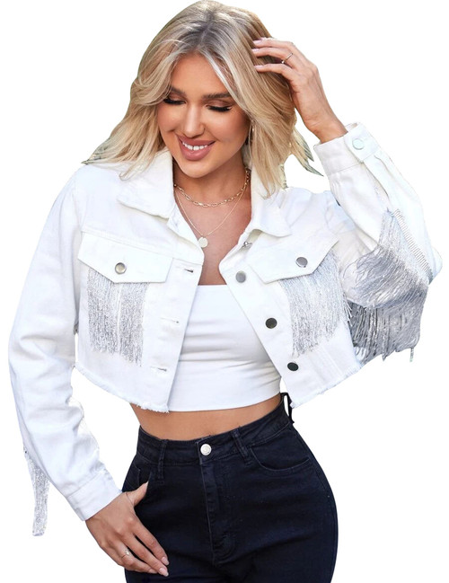 HOTLOOX Women Denim Jacket Long Sleeve Jean Jackets Distressed Raw Hem Ripped Fringe Jacket White XXL