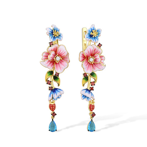 Santuzza Peony Earrings 925 Sterling Silver Blue Glass Enamel Butterfly Ladybug Pink Flower Long Dangle Earrings for Women