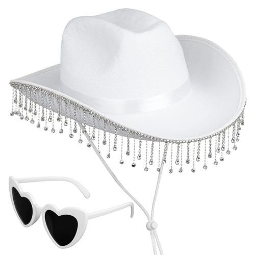 Yoiemivy Rhinestone Cowgirl Hat with Fringes White Cowboy Hat with Heart-Shaped Sunglasses Bedazzled Western Cowboy Hat Glitter Cowboy Hat for Men Women Disco Cosplay Party Costume