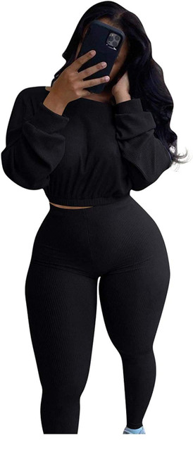 Women Fall Ribbed 2 Piece Outfits Tracksuit Long Sleeve Pullover Crop Tops Bodycon Long Pants Jumpsuit Set Sweatsuits Black