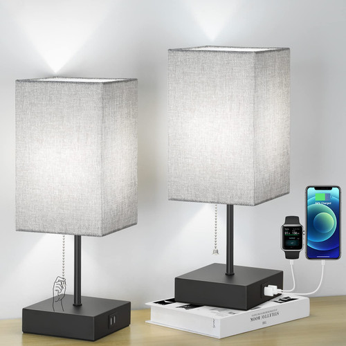 Table Lamps Set of 2 with USB Charging Ports, Bedside Lamps, Nightstand Lamps with Pull Chain Switch, Minimalist Modern Desk Lamps with Grey Fabric Shade for Living Room Bedroom Home Office