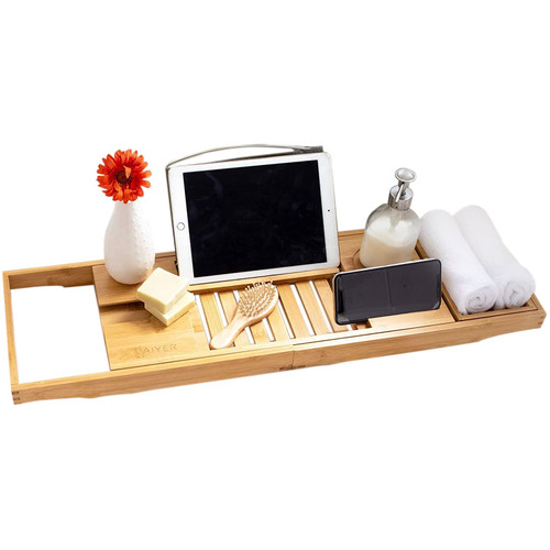 Vaiyer Bamboo Expandable Bathtub Tray, Caddy Wooden Bath Tray, Table with Extending Sides, Reading Rack, Tablet Holder, Cellphone Tray and Wine Glass Holder, Organizer Tray