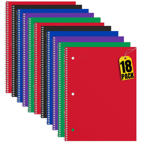 1InTheOffice Spiral College Ruled Notebook 8 x 10.5, 1-Subject Notebook. Spiral Bound Notebook, Spiral Notebooks Assorted Colors, (18/Pack)