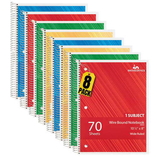 1InTheOffice Spiral Notebook Wide Ruled 10.5 x 7.5, 1-Subject Wide Ruled Notebooks, Wirebound Spiral Notebooks, 3-Hole Punched, 70 Sheets, Assorted Colors, 8 Pack