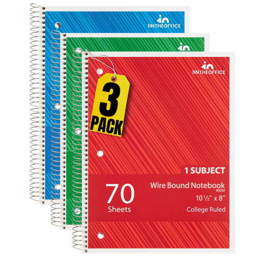 1InTheOffice Spiral Notebook College Ruled 10.5 x 8, 1-Subject College Ruled Notebooks, Wirebound Spiral Notebooks, 3-Hole Punched, 70 Sheets, Assorted Colors, 3 Pack