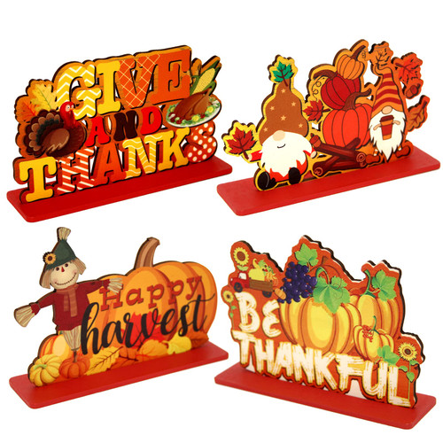 4 Pieces Thanksgiving Wooden Table Signs - Harvest Thanksgiving Themed Table Centerpiece Signs, Autumn Pumpkin Wood Stand Up for Home Office Thanksgiving Fall Decor