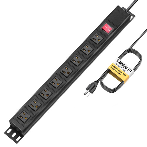 8 Outlet Power Strip Surge Protector, Long Power Strip Heavy Duty Outlet, Mountable Power Strip with 6FT Extension Cord, Wall Mount Metal Power Strips, Wide-Spaced Power Strip