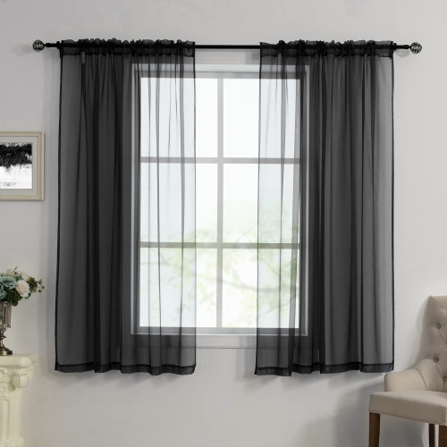 HUTO Black Sheer Curtains 45 Inch Length for Small Window Rod Pocket Sheer Drapes Panels for Kitchen Bathroom,2 Panels 52 by 45 Inches Long