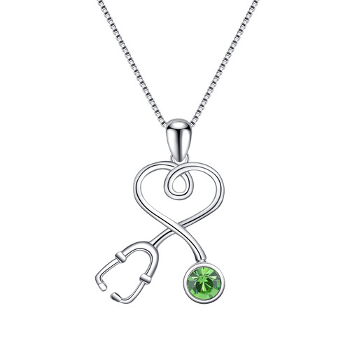 AOBOCO Sterling Silver Stethoscope Necklace Infinity Heart Pendant Doctor Nurse Necklace with Simulated Peridot August Birthstone Austria Crystal, Medical Jewelry Gifts for Doctor Nurse Week(Green)