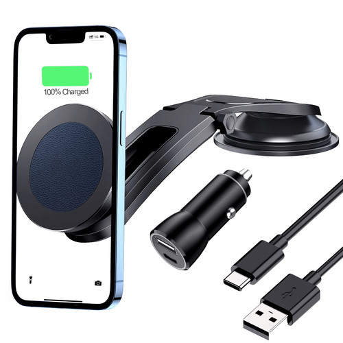 Magnetic Wireless Car Charger, for MagSafe Car Charger, for Magsafe Car Mount Charger, Strong Suction Dashboard Car Phone Holder for Magsafe iPhone 14 13 12 Series, with PD Car Charger, Blue