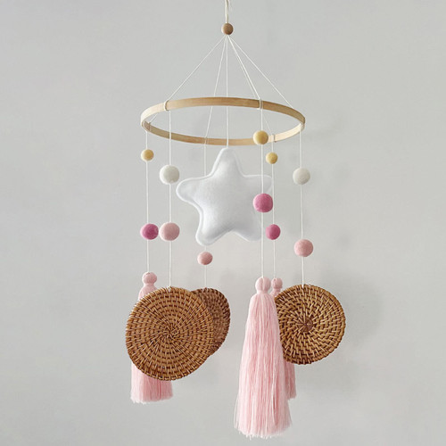 Baby Mobile for Crib - Boho Crib Mobile - Felt Ball Mobile - Gender Neutral Baby Mobile - Boho Nursery Decor - Crib Mobile for Girls, Boys - Mobile for Bassinet, Pack N Play - Pink