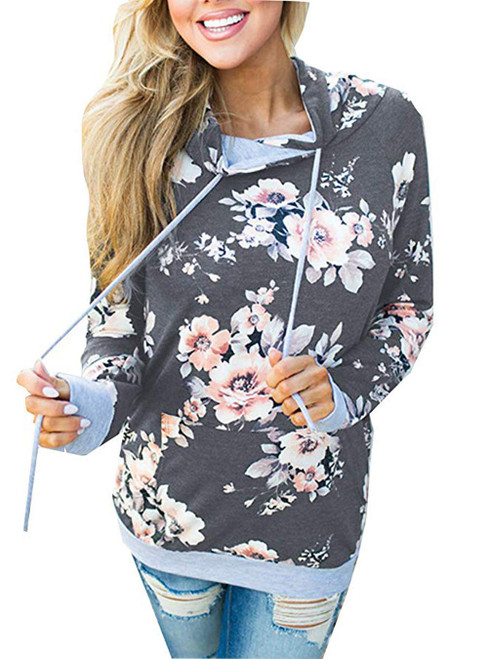 Barlver Women's Casual Hoodies Long Sleeve Sweatshirts Cowl Neck Drawstring Hooded Pullover Top with Pockets Dark Grey M