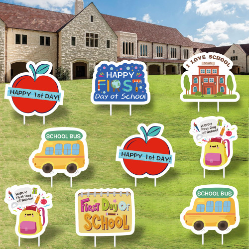 9pcs Happy First Day of School Yard Decorations, Back to School Decoration With Stakes for First Day of School Classroom Outdoor Garden Lawn School Bus Apple Pattern Welcome Back to School Decorations