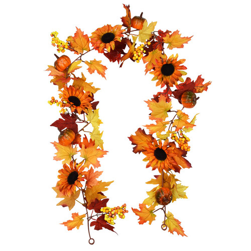 Dolicer 6Ft Fall Garland for Mantle Fall Maple Leaf Garland Autumn Garland with Pumpkins Sunflowers Berries Artificial Pumpkin Garland Fall Sunflower Vines Garland Thanksgiving Decor for Home Table