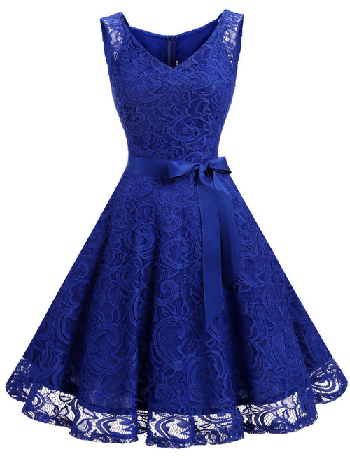 Dressystar 0010 Women Floral Lace Bridesmaid Party Dress Short Prom Dress V Neck Royal Blue L