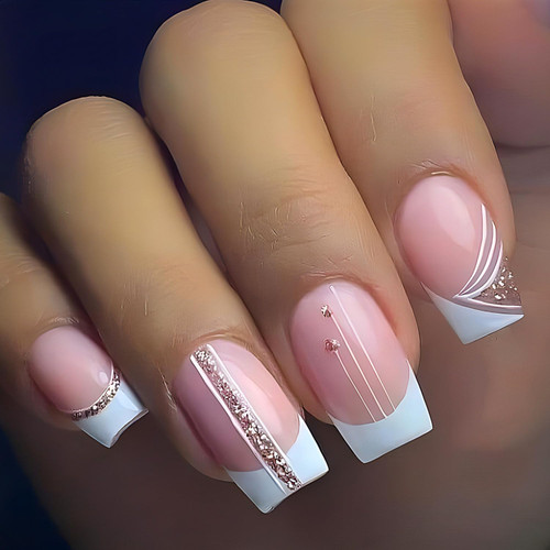 Medium Square Press on Nails Pink False Nails French Tip Fake Nails with Glitter and Swirl Designs Glue on Nails Full Cover Glossy Acrylic Nails for Women 24Pcs