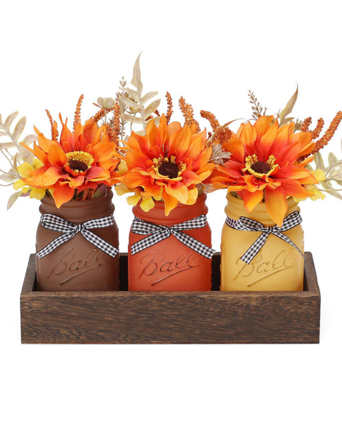 Fall Mason Jar Centerpiece for Table with Wood Tray & Artificial Flowers, Set of 3 Mason Jars Farmhouse Decor Painted Decorative Jars for Thanksgiving Home Decor, Kitchen Table Centerpiece