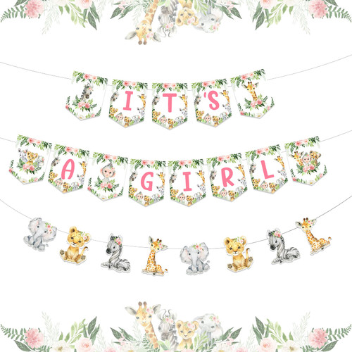 Jungle Baby Shower Banner for Girls, It's a Girl Jungle Banner Safari Baby Shower Decorations Jungle Theme Animal Deer Elephants Leopards Zebras Pull Flag for Baby Shower Girls Birthday Party Supplies