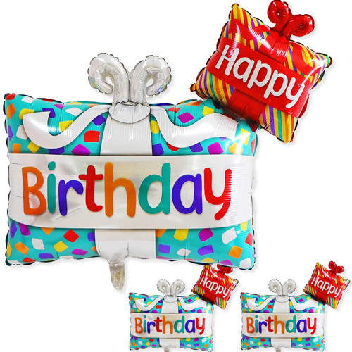 Happy Birthday Balloon, 3 Pcs 36 Inch Printed Happy Birthday Balloons, Thickened Large Happy Birthday Foil Mylar Balloon for Birthday Party Baby Shower Decorations Supplies (Gift Box Shape)