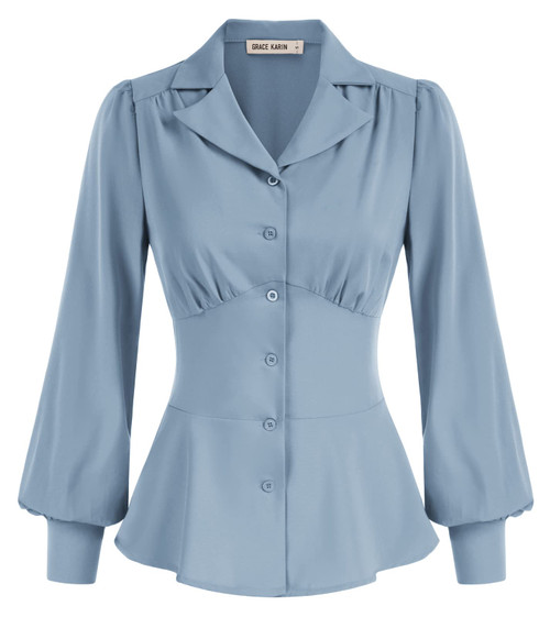 GRACE KARIN Tops for Women Long Sleeve Peplum Tops Button Down Work Tops Winter Warm Blouses Blue M