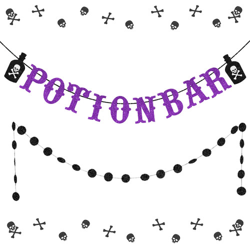 Halloween Potion Bar Banner and Circle Dots Garland - Halloween Witch Party Supplies for Bar Table Home Indoor Outdoor Decors (Purple Black Glittery)