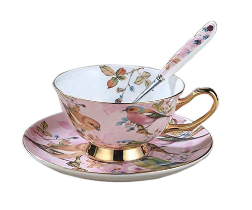 YBK Tech Euro Style Cup& Saucer Set Art Bone China Ceramic Tea Coffee Cup for Breakfast Home Kitchen- Birds and Trees Patterns (Light pink)