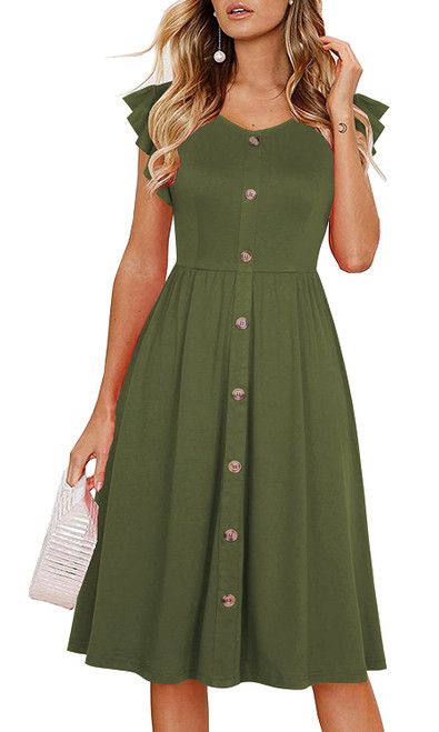 Lamilus Button Down Midi Dress Beach Summer Dresses Women's Casual Ruffle Sleeve Solid Cotton V-Neck A-Line Swing Party Dress (S, 026-Army Green)
