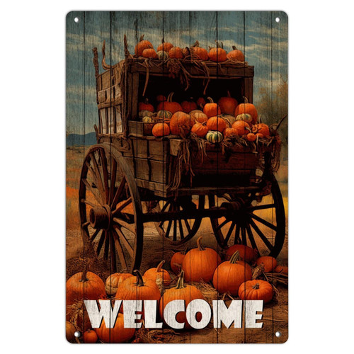 Welcome Funny Novelty Metal Signs Rustic Home Signs Orange Pumpkins Floral Harvest Festive Home Decor Metal Plaque for Garden Bedroom Restaurants 8x12in