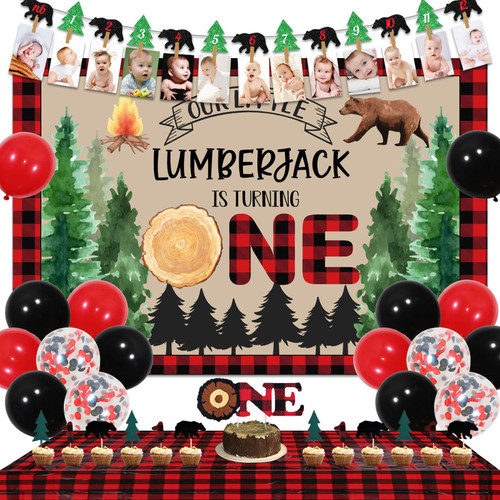 Lumberjack First Birthday Party Decorations, Lumberjack Wild One Birthday Decorations for Boys - Camping Bear Backdrop Monthly Photo Banner Cake Topper Tablecloth for Buffalo Plaid 1st Birthday