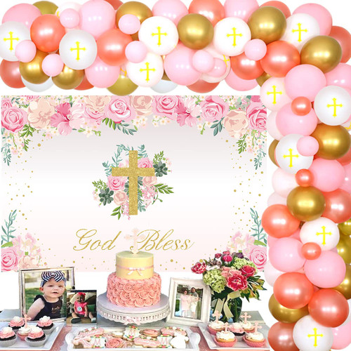 Baptism Party Decorations for Girls, Pink and White Balloon Garland Kit First Communion Confirmation Christening Decorations - God Bless Backdrop Cross Balloons for Baptism