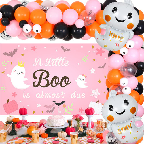A Little Boo is Almost Due Baby Shower, Pink Halloween Baby Shower Decorations for Girl - Balloon Garland Arch Kit, Backdrop, Ghost Foil Balloons, Halloween Gender Reveal Decorations A Little Boo is Almost Due Baby Shower, Pink Halloween Baby Shower Decorations for Girl - Balloon Garland Arch Kit, Backdrop, Ghost Foil Balloons, Halloween Gender Reveal Decorations