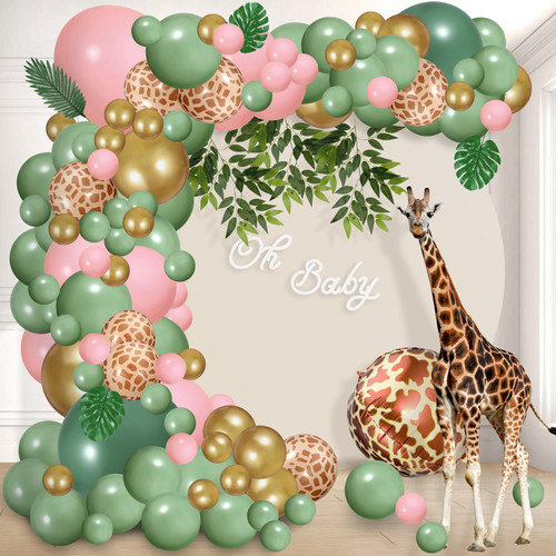 KaKaPops 145pcs Safari Jungle Balloon Garland Arch Kit, Sage Green Gold Pink Jungle Animal Print Balloons, Safari Baby Shower Birthday Decorations for Girls Wild One Party Supplies KaKaPops 145pcs Safari Jungle Balloon Garland Arch Kit, Sage Green Gold Pink Jungle Animal Print Balloons, Safari Baby Shower Birthday Decorations for Girls Wild One Party Supplies