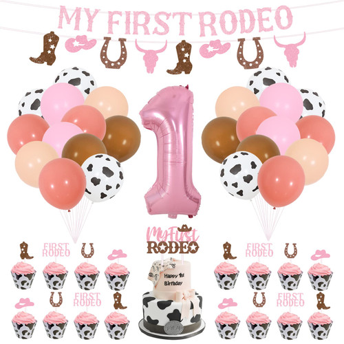 First Rodeo Birthday Party Decorations, Western Cowgirl Theme Birthday Party Supplies, My First Rodeo Glitter Banner & Cake Topper for Girls, Cowgirl 1st Birthday Pink Balloons