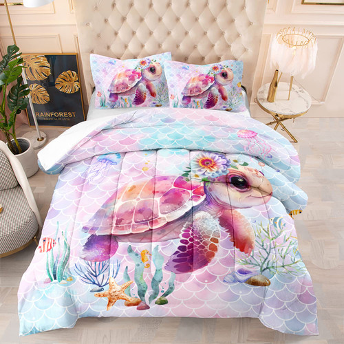 CVHOUSE Sea Turtle Comforter Set Twin Size,Rainbow Mermaid Turtle Bedding Set for Kids Girls Women,Turtle Pink Quilt Set Turtle Duvet Set Girl's Bedroom Decor 3 Pieces