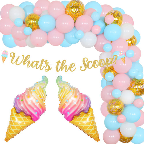 Ice Cream Gender Reveal Party Decorations - Gender Reveal Balloon Garland Pastel Pink Blue Gold Glitter What's The Scoop Banner, Ice Cream Foil Balloon for Ice Cream Theme Party Supplies