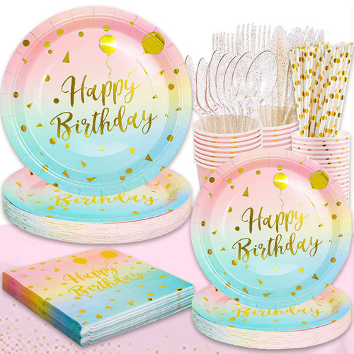 LYEUYNL Pastel Rainbow Party Birthday Supplies - 194 Pcs Party Disposable Dinnerware Set Rainbow Paper Plates Napkin Cup and Tablecloth, forks,Knives,spoons for Birthday Baby Shower Party Decorations