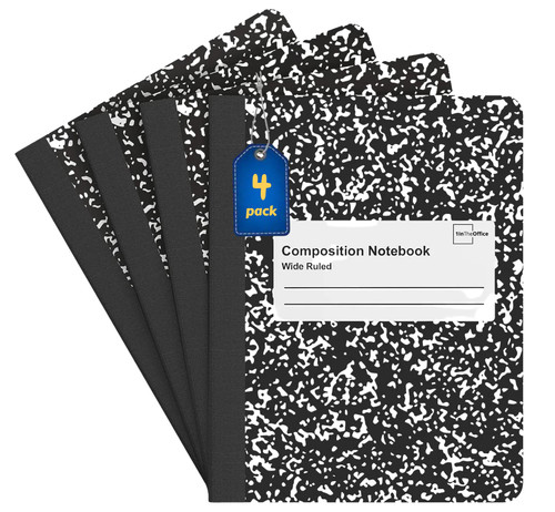 1InTheOffice Wide Ruled Composition Notebook 7.5" x 9.75", Wide Ruled Paper, 100 Sheets, White/Black, (4/Pack)
