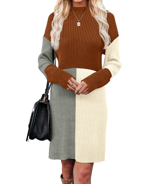 For G and PL Womens Winter Fall Chunky Color Block Striped Sweater Dress Long Sleeve Slouchy Knit Jumper Brown M