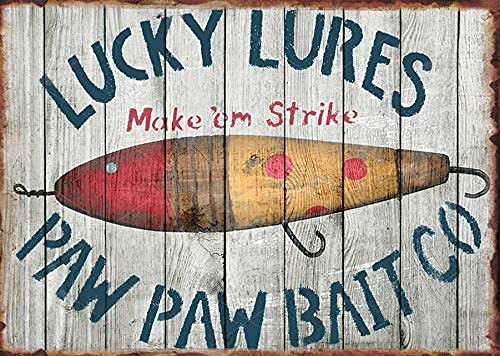 Krouterebs Lucky Lures Fishing Bait Shop Fishing Tackle Vintage Metal Tin Sign Kitchen Pub Funny Novelty Coffee Bar Wall Poster Garden Farm 12x8 Inch Man Cave